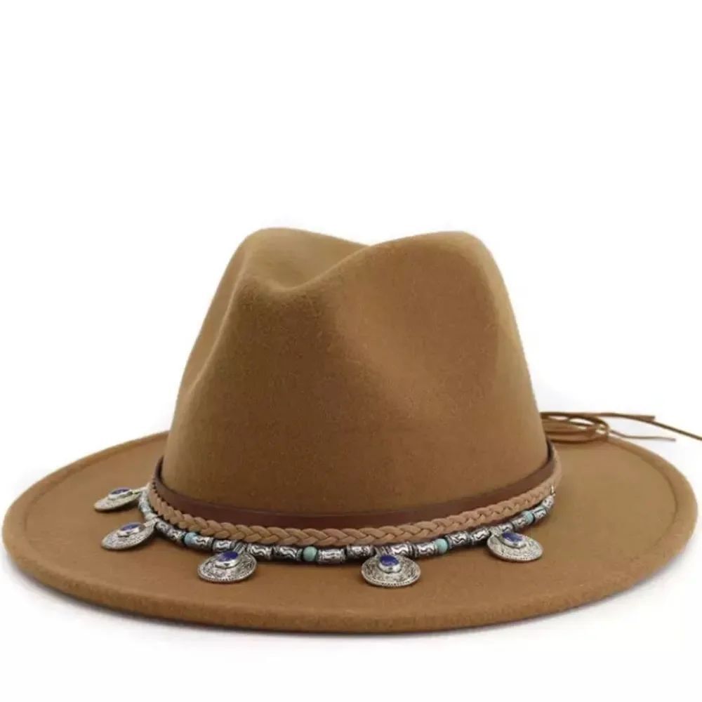 Tan Multicolor Metal Medallion Band Boho Western Wide Brim Fedora Hat NEW